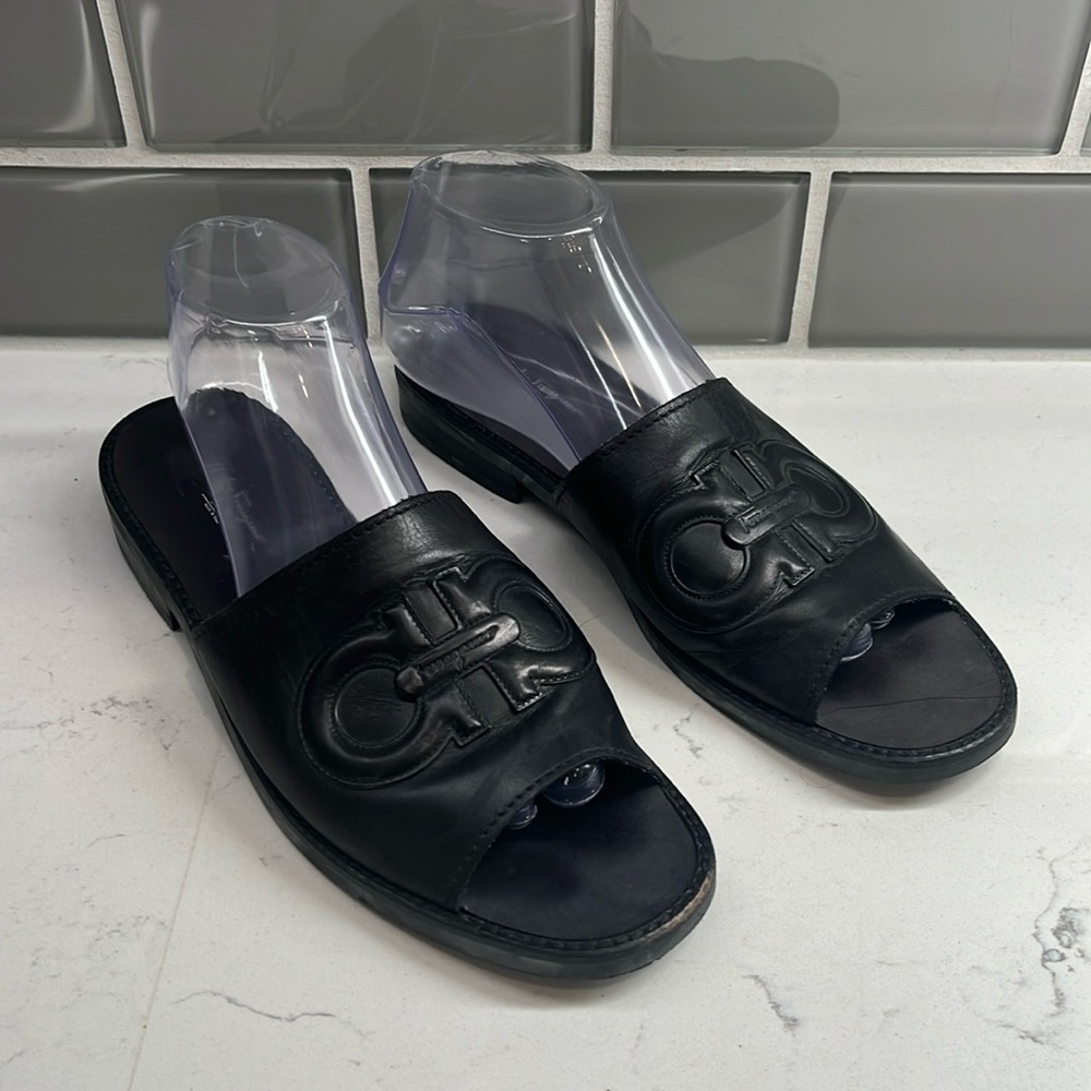 Salvatore Ferragamo Black Embossed Slide Sandals